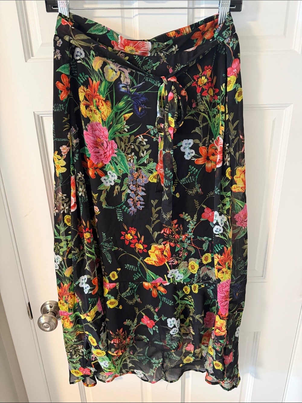 Westport Tropical Botanical Fine Chiffon Overlay Tie-Waist Skirt High-low Large